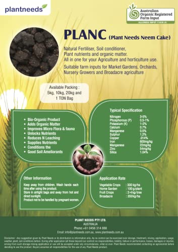 Plant Needs Neem Cake 20 kg I 100% Organic Neem Cake I Australian Certified Organic I USDA OMRI Registered I Organic Soil Conditioner and Ameliorate (Powder)