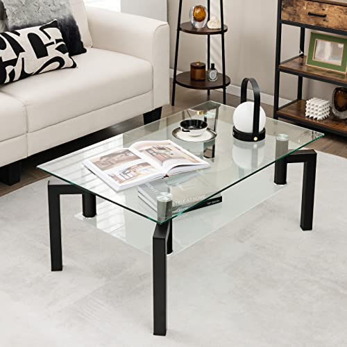 Giantex Rectangular Glass Coffee Table, 2-Tier Modern Accent Table & Tempered Glass Tabletop & Frosted Glass Shelf, Multifunctional Cocktail Table with Heavy-Duty Meal Legs for Living Room, Black