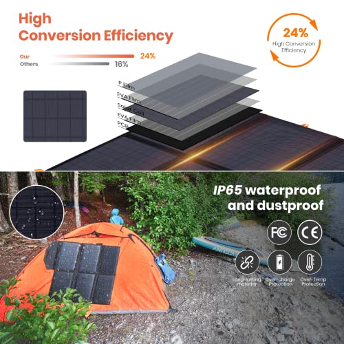 60W Portable Solar Panels,Foldable Solar Panel Charger with Fast Charging QC3.0 USB-A PD3.0 USB-C DC Output,Waterproof Solar Generator for 100-500W Power Station Camping Hiking RV (Without Generator