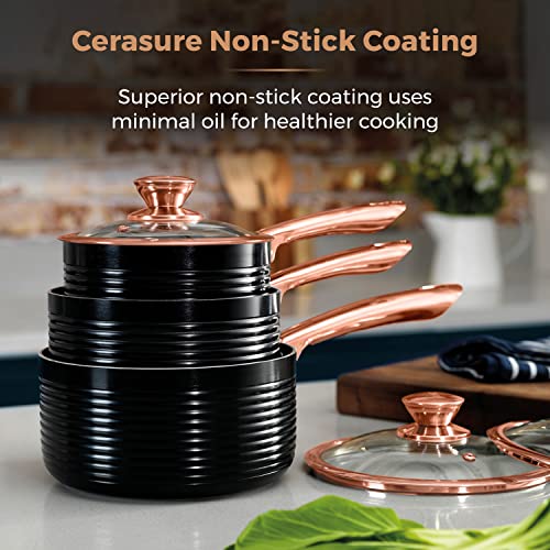 Tower T800001RB Linear Non Stick Induction Saucepans Sets with Lids, Easy Clean, Black and Rose Gold, 3 Piece Set, 16/18/20 cm