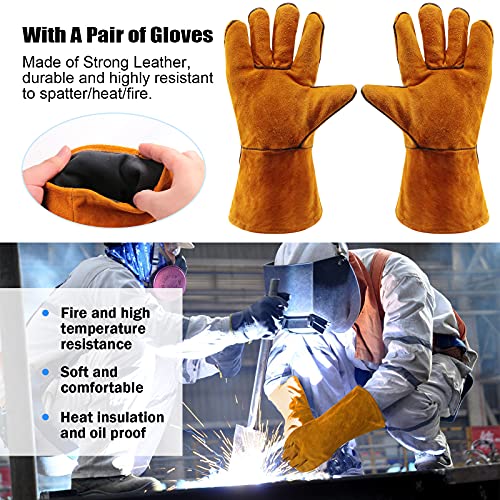 Glarks 4Pcs 10'' Welding Chipping Hammer with Coil Spring Handle and Wire Brush with a Pair Welding Gloves for Removing Slag and Welding Residue