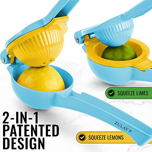 Zulay Metal 2-In-1 Lemon Lime Squeezer - Hand Juicer Lemon Squeezer - Max Extraction Manual Citrus Juicer (Blue Yellow)