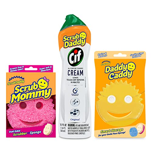 Scrub Daddy Mommy + Cif All Purpose Cleaning Cream, Original Caddy - Multi Surface Household Scratch-Free Multipurpose Dish Sponge Kitchen Sponges Caddy, Gold