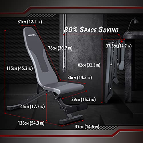 PROIRON Adjustable Weight Bench with Elastic Ropes, 700 Pounds Strength Training Bench Foldable Incline Flat Decline Bench for Full Body Workout with Quick Release Folding System