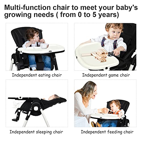BABY JOY High Chair for Babies & Toddlers, Foldable Highchair with Multiple Adjustable Backrest, Seat Height and Footrest, Removable Tray, Detachable PU Leather Cushion, Built-in Rear Wheels (Black)