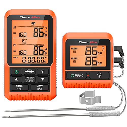 ThermoPro TP826 500FT Wireless Meat Thermometer, Dual Meat Probe Cooking Thermometer with HI/Low Alert& Kitchen Timer, IPX4 Food Grill Thermometer, BBQ Smoker Thermometer for Oven,Grilling Gifts
