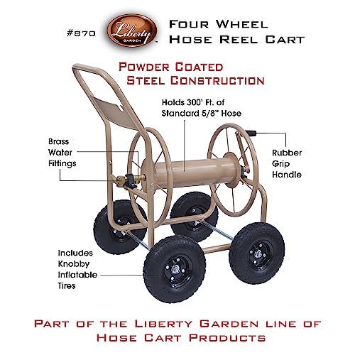 Liberty Garden 870-M1-2 Industrial 4-Wheel Garden Hose Reel Cart, Holds 300-Feet of 5/8-Inch Hose - Tan