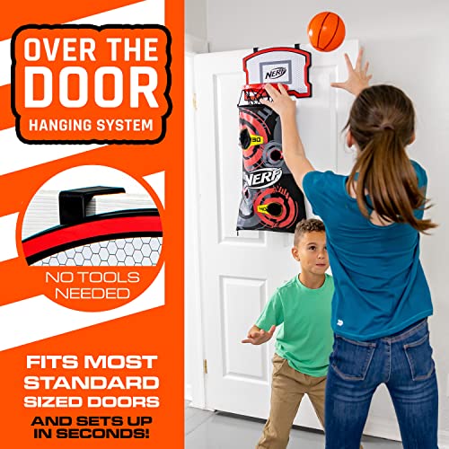 NERF Basketball Hoop Hamper - Laundry Layup Over The Door Basket + Shooting Target - Mini Hoop Hamper + Basketball Set