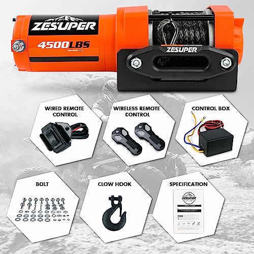 ZESUPER 4500lb Winch 12v Boat Trailer ATV UTV Quad Electric Winch 2 Wireless Remotes Synthetic Rope Waterproof IP67 Car