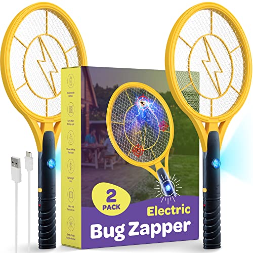 Electric 4000 Volt Fly Swatter [Set of 2] Handheld Bug Zapper Racket for Indoor/Outdoor - Instant Bug & Mosquito Killer with Attractant LED Light - USB Rechargeable Portable Fly Zapper.