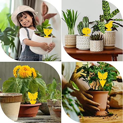 Bighan 60 Pcs Sticky Dual-Sided Gnat Traps, Yellow Fruit Fly Sticky Traps and Plant Fungus Gnat Traps for Plants Kitchen Indoor and Outdoor with Twist Ties, Ssmall Shovel and Plastic Holders, Yellow