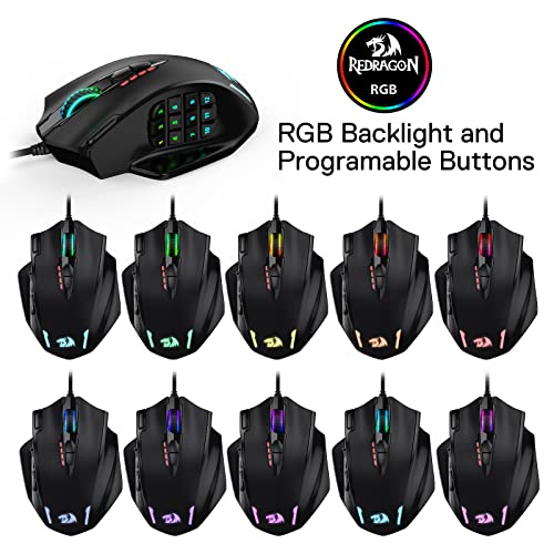 Redragon M908 Impact RGB Gaming Mouse, 12400 DPI Wired Laser MMO Mouse with High Precision Actuation, 12 Macro Side Buttons and 16.8 Million Customized Breathing Backlight for PC/Laptop