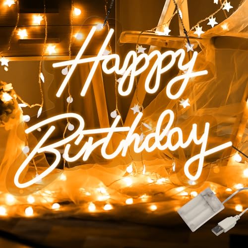 ATOLS Happy Birthday Neon Sign for Wall Decor, Battery or USB Powered Happy Birthday Led Sign, Reusable Happy Birthday Light Up Sign for All Birthday Party Decoration, Size-17x13 Inch, Warm White