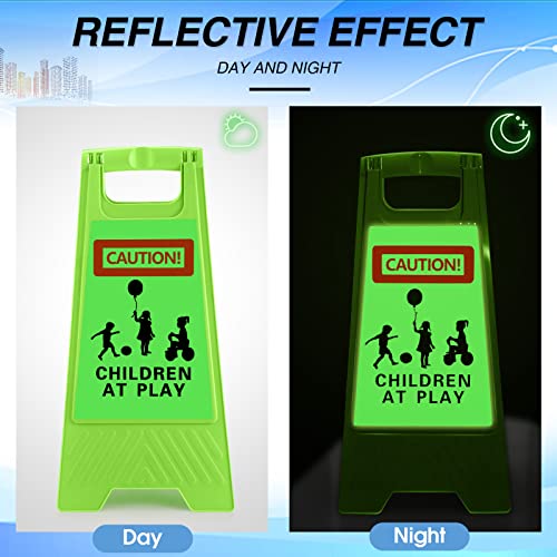 4 PCS Reflective Slow Down Kids at Play Sign Double Sided 24 Inch Portable Handle Children At Play Warning Board Caution Safety Signs for Street Neighborhood Yard School Park Sidewalk Driveway