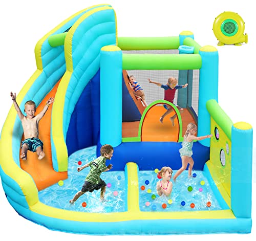 FBSPORT Inflatable Bounce House, Water Slide Park Slide Bouncer with Ball Shooting, Climbing Wall, Jumping and Splash Pool, Kids Bouncy Castle with 450W Air Blower for Outdoor Backyard