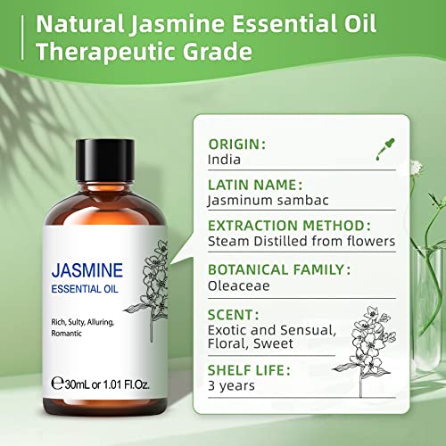 HIQILI Jasmine Essential Oil for Diffuser, Skin, Hair, Massage, Candle Making, Soap Making 30ml (1 fl oz)