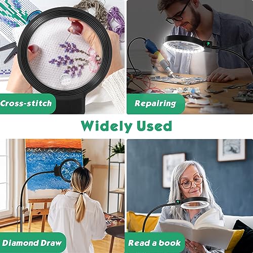 NZQXJXZ 2-in-1 Magnifying Glass with Light and Stand, 5X & 10X Magnifying Lamp with 36 Adjustable Brightness LEDs, Flexible Gooseneck Floor Standing Magnifying Lamp for Close Work, Craft, Reading