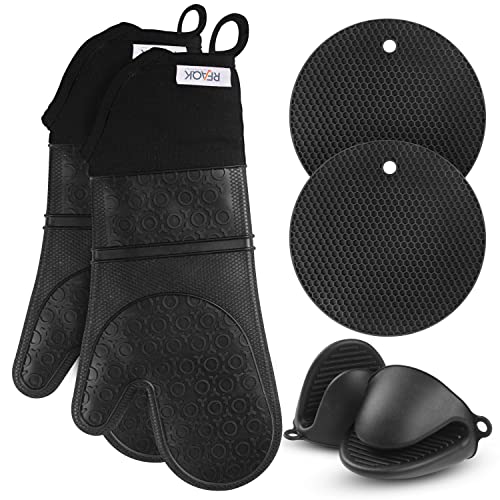 Oven Mitts and Pot Holder- Extra Long Silicone Oven Mitt Heat Resistant 500 Degrees with bonus 2 trivets & Mini Pinch Oven Mitts-Food Safe Baking Gloves for Cooking in Kitchen with Soft Inner Lining (Black Oven Mitts Set)