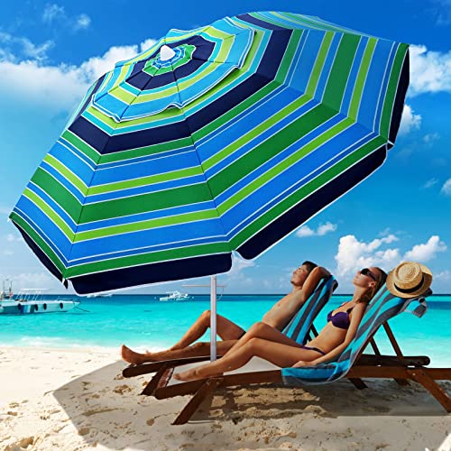 FEFLO Beach Sand Umbrella Portable Outdoor: 6.5 ft Large Striped Heavy Duty Wind Proof UV 50+ Parasol with Anchor Adjustable Tilt Pole 8 Ribs Carry Bag Lightweight