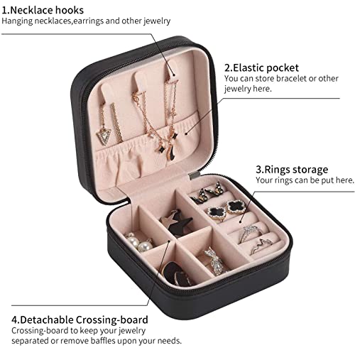 Mini Small Portable Travel Jewelry Organiser Box with Zipper Storage Case for Earrings Rings Bracelet Necklaces for Her Girl and Woman Anniversary Valentines Mother Birthday Gift, TOJUNE (Black)