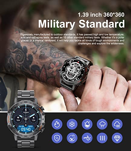 Smart Watch for Men Bluetooth Calls,1.39"HD Militarily Fitness Tracker with Heart Rate Sleep Monitor,100+Sports Modes,IP68 Waterproof,400mAh Sports Smart Watch for Android iOS Black