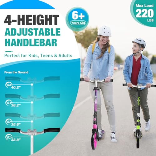 BELEEV V5 Scooters for Kids 6 Years and up, Folding Kick Scooter 2 Wheel for Adults Teens, 4 Adjustable Handlebar, 200mm Big Wheels, Lightweight Sports Commuter Scooter, up to 220lbs(Purple)