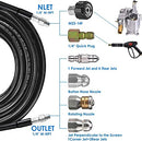 100FT Sewer Jetter Kit for Pressure Washer, 5800PSI Drain Cleaner Hose 1/4 Inch NPT Corner, Rotating and Button Nose Sewer Jetting Drain Jetter Nozzle Pearl Corsage Pin Spanners Waterproof Tape