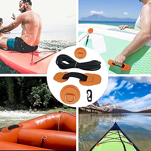 Vashly 7Pck D-Ring Patch Kayak D Ring Pads & 20ft Strong Elastic Bungee Shock Cord with Hooks Bungee Deck Rigging Kit for PVC Inflatable Boat Sup Kayak Canoe Deck Surfboard Raft Stand Up Paddle Board