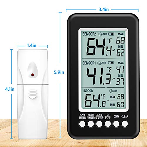 (Upgraded Version) AMIR Refrigerator Thermometer, Wireless Digital Freezer Thermometer with 2 Sensors, Indoor Outdoor Thermometer with Audible Alarm Temperature Gauge for Freezer Kitchen Home
