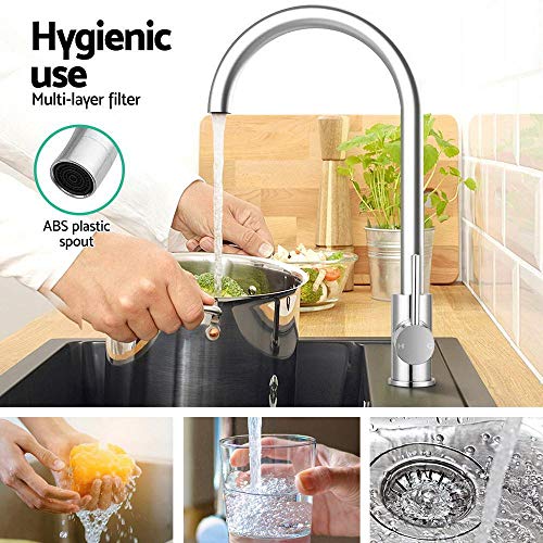 Cefito Kitchen Tap, 360° Gooseneck Sink Mixer Taps Spray Head Rotating Faucet Water Aerator for Home Bathroom Laundry, Brass Body Hot and Cold Switch Silver