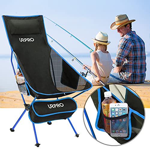 Outdoor Camping Chair Portable Lightweight Folding Camp Chairs with Headrest High Back for Outdoor Hiking Travel Picnic Fishing Backpacking Blue
