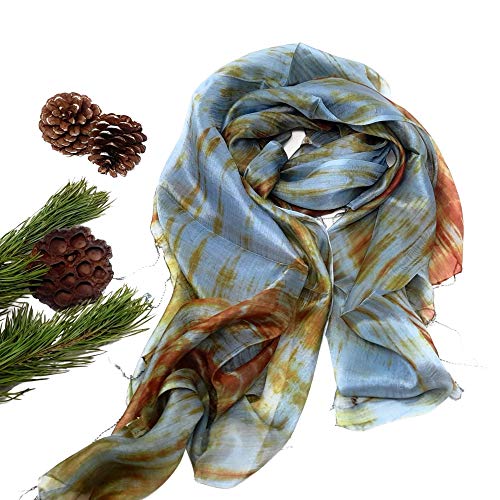 100% Pure Silk Scarf Woman's Scarves Shawl Wrap Hand Painted Silk Scarf, Blue, Brown, Large