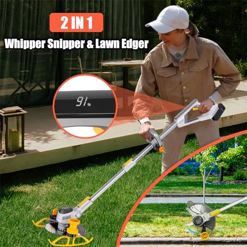 ALLONE Cordless Whipper Snipper with 4.0Ah Battery and Fast Charger, 4 Types Blades, Electric Grass Trimmer Lightweight Lawn Edger Battery Powered Brush Cutter with Power Display