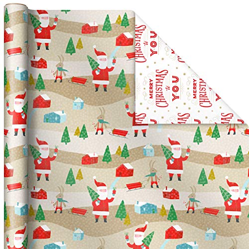 Hallmark Reversible Christmas Wrapping Paper (3 Rolls: 120 sq. ft. TTL) Rustic Santa, Papercraft Snowmen, Candy Canes, Stripes, Snowflakes, Merry Christmas to You