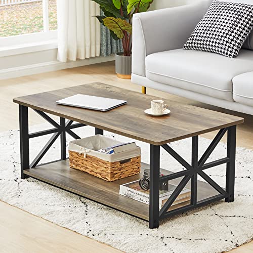 GreenForest Coffee Table for Living Room with Round Corners Farmhouse Style Center Table with Storage Shelf 39 Inch Space Saving Easy Assembly Gray Wash