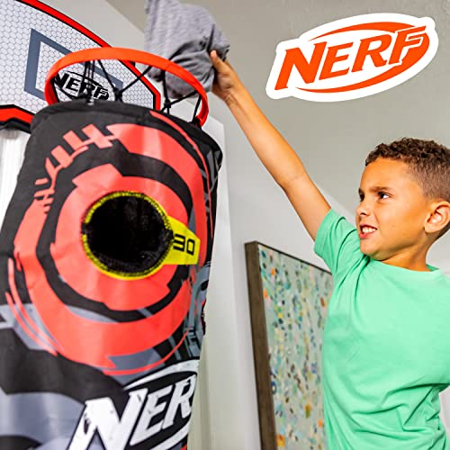 NERF Basketball Hoop Hamper - Laundry Layup Over The Door Basket + Shooting Target - Mini Hoop Hamper + Basketball Set