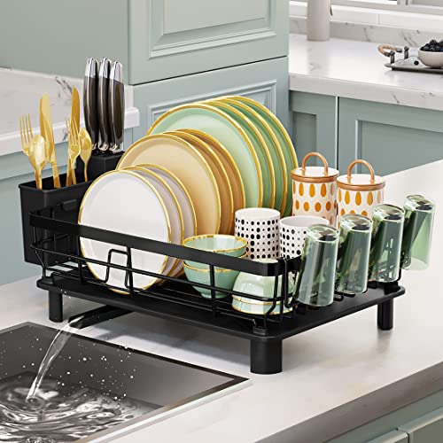 Dynus Dish Drainer,Dish Drying Rack with Anti-Rust Frame and Removable Utensil Holder and Drainboard,Include Cutlery Holder & Cup Holder,Plate Rack Drainer for Kitchen Black