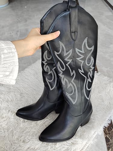 Zzheels Embroidered Western Cowboy Boots for Women Ankle High Cowgirls Low Chunky Heel Pointed Toe Pull-On Fashion Classic Boots, Knee Black-white, 7.5