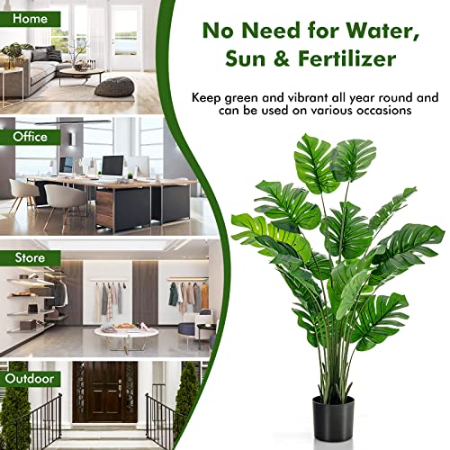 Giantex 1.5M Artificial Faux Monstera Deliciosa Plant W/Cement Pot, 15 Large Leaves, Evergreen Decoration, Plastic Artificial Plant for Living Room, Bedroom, Study Office