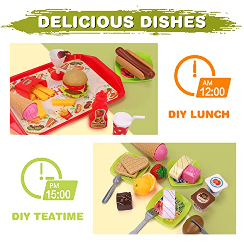 REMOKING Children Pretend Role Play Toys, Educational Food Toys for Toddler Girl Boy, Kids Preschool Learning Toys, Kitchen Toy, Hamburger, Hotdog, Cutting Fruit, Ice Cream Food Set