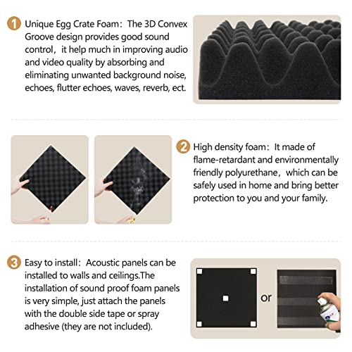 AUSLET- 24 Pack Egg Crate Acoustic Panels，30 X 30 X 3 cm High Density Sound Proofing Panels，Sound Proof Panels,Sound Proof Foam Panels for Wall