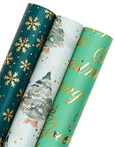 WRAPAHOLIC Christmas Wrapping Paper Roll - Mini Roll - 3 Rolls - 17 Inch X 120 Inch Per Roll - Green Christmas Tree, Snowflake Holiday Collection with Metallic Foil Shine