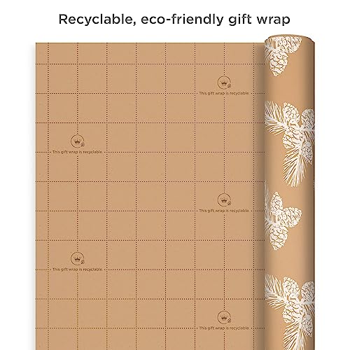 Hallmark Kraft Recyclable Christmas Wrapping Paper with Cut Lines (2 Rolls: 150 Sq. Ft. Ttl) Green Trees on White, White Pine Cones on Brown Kraft for Holidays, Hanukkah, Winter Solstice, Weddings, 0005JXW1203