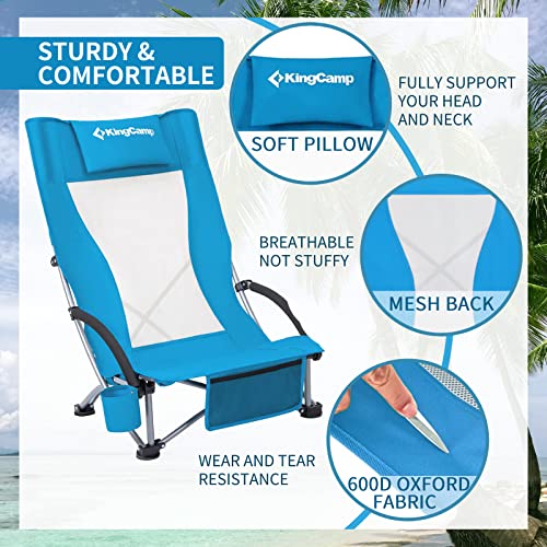 KingCamp Beach Chair High Back Lightweight Folding Backpack Chair with Cup Holder Pocket Pillow Bag for Outdoor Camping Sand Concert Lawn Festival Sports, Blue
