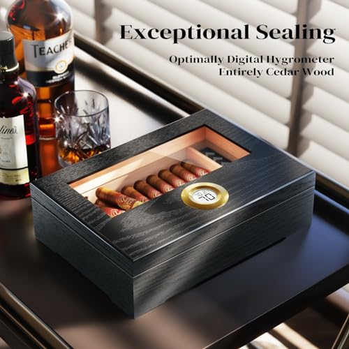 Puffaland Cigar Humidor Box, Cigar Case Desktop Box Cedar Wood Cigar Box Gift for 20-25 Cigars with Glass Top and Digital Hygrometer,Black