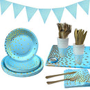 Blue Paper Plate Cup and Cutlery Set, COOVCCO 123 Pieces Golden Dot Party Dinnerware Set Includes Paper Plate Napkin Cup Straw and Tablecloth for Birthday Weddings Anniversary