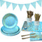 Blue Paper Plate Cup and Cutlery Set, COOVCCO 123 Pieces Golden Dot Party Dinnerware Set Includes Paper Plate Napkin Cup Straw and Tablecloth for Birthday Weddings Anniversary