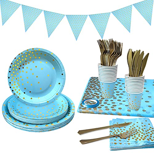 Blue Paper Plate Cup and Cutlery Set, COOVCCO 123 Pieces Golden Dot Party Dinnerware Set Includes Paper Plate Napkin Cup Straw and Tablecloth for Birthday Weddings Anniversary