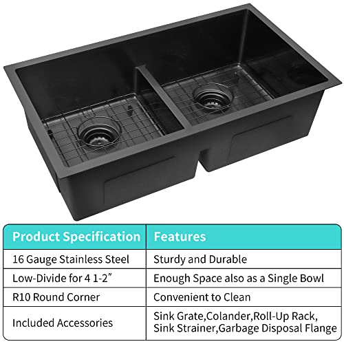 Zeesink Black Kitchen Sink 32" X 18",Double Bowl Kitchen Sink,Low Divide Undermount Kitchen Sink,Black Undermount Double Sink,50/50 Double Bowl 16 Gauge Stainless Steel Kitchen Sink