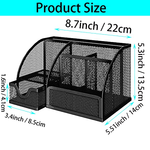 ZDZBLX Desk Organiser, Mesh Desk Tidy Multifunctional Pen Holder, Pen Pot Desktop Organiser, Upgraded Office Stationary Organiser Desk Accessories Storage with Drawer for School, Home, Office(Black)